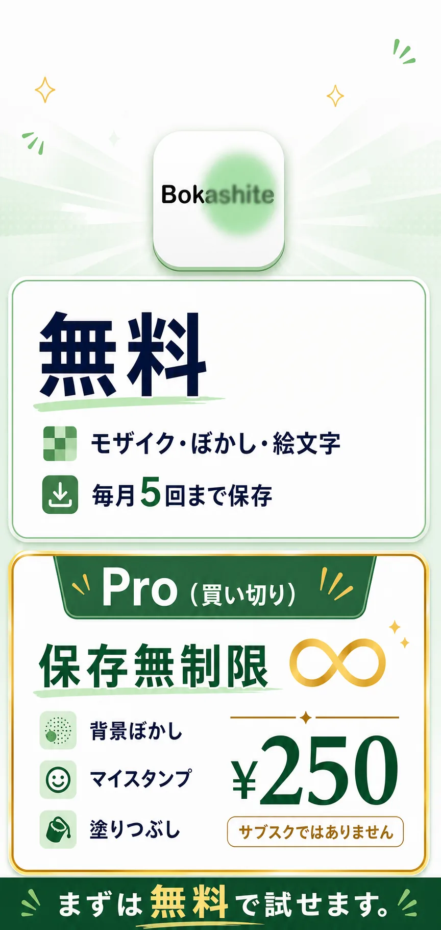 Bokashite無料版と買い切りPro料金